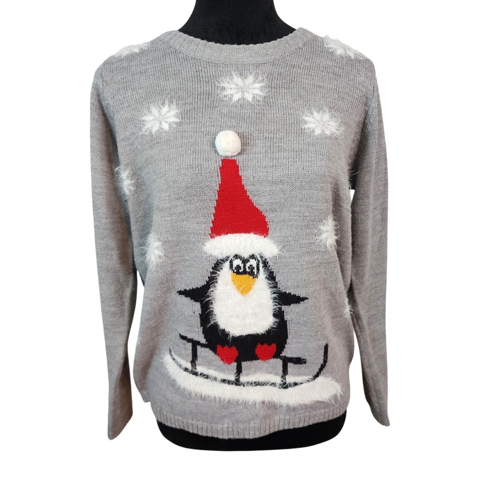 ESMARA Size Medium Penguin Santa Snowflake Holiday Christmas Winter Sweater  EUC